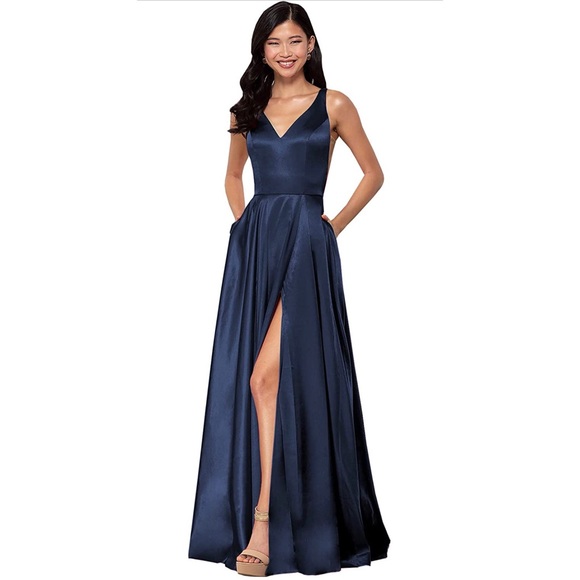 V-Neck navy blue Satin Prom Dress w/ Slit - Picture 3 of 8
